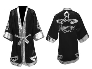 定制緞面拳擊長袍 : 黑-銀 泰式設計