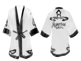 定制緞面拳擊長袍 : 白色-黑色 泰式設計