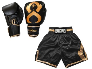 套裝 - 真皮拳擊手套 + 個性化拳擊短褲 : KNCUSET-201-黑色-金色