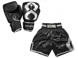 套裝 - 真皮拳擊手套 + 個性化拳擊短褲 : KNCUSET-201-黑色-銀色