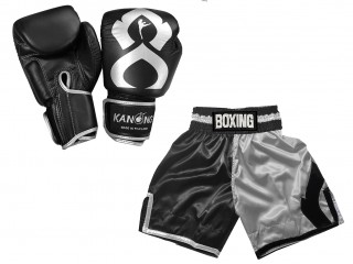 套裝 - 真皮拳擊手套 + 個性化拳擊短褲 : KNCUSET-202-黑色-銀色