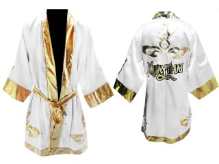 定制緞面拳擊長袍 : 白色 泰式設計