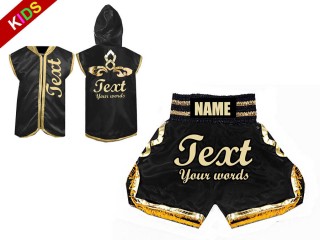 Kanong 定制兒童拳擊連帽夾克和拳擊短褲 : 黑色/金色